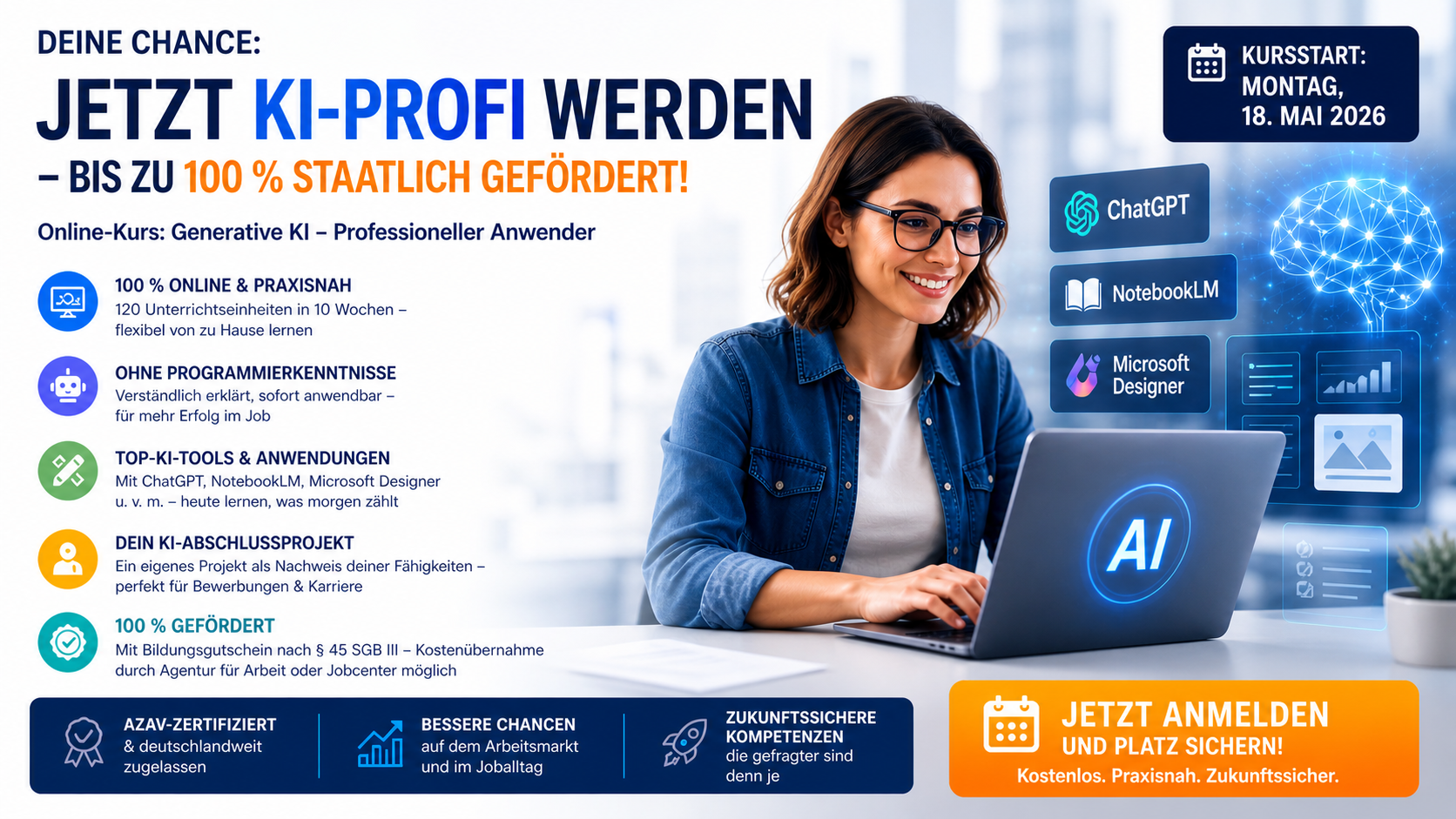 Noch Plätze frei: KI-Kurs – Jetzt anmelden für 10-Wochen-Kurs ab 18. Mai 2026 – bis zu 100 % staatlich gefördert!